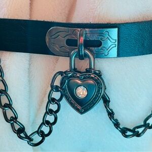 Black Collar Silver Dangling Chain Heart Necklace Bondage Gothic Adjustable 15”